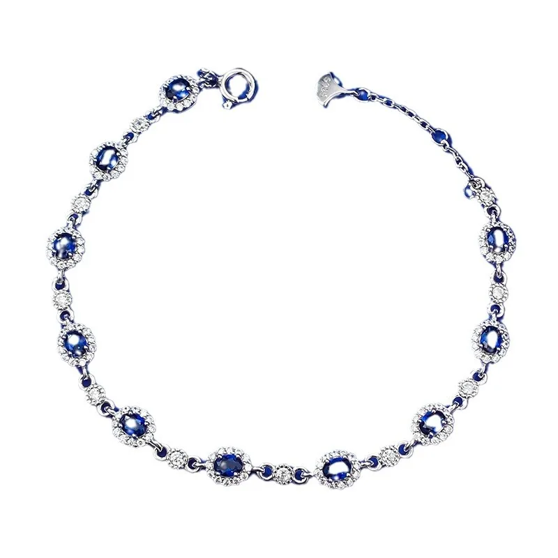 

New S925 Silver Sapphire 3 * 4 Oval Row Diamond Bracelet Women's Chinese Style Adjustable