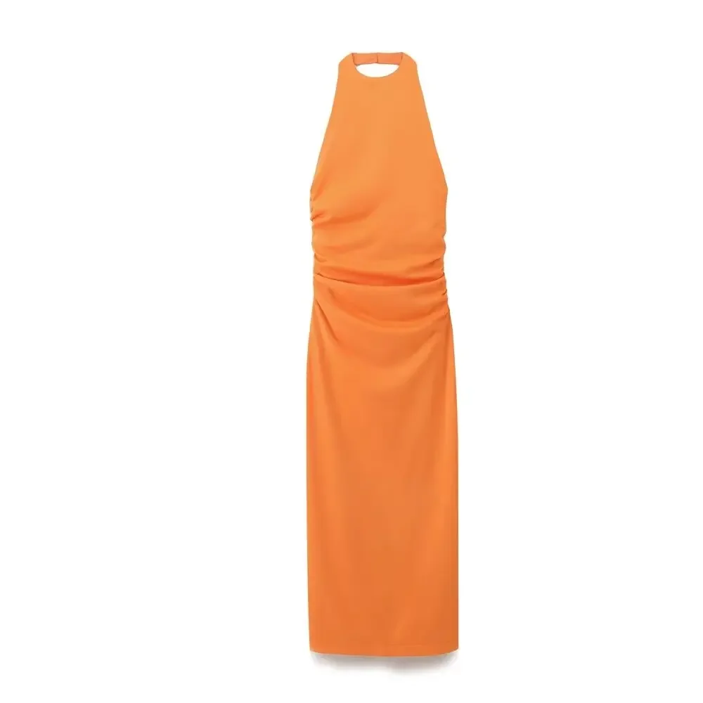 

Women's 2024 New Fashion Open Back Knot Decoration Slim Fit Pleated Hanging Neck Midi Dress Retro Sleeveless Women's Dress Mujer