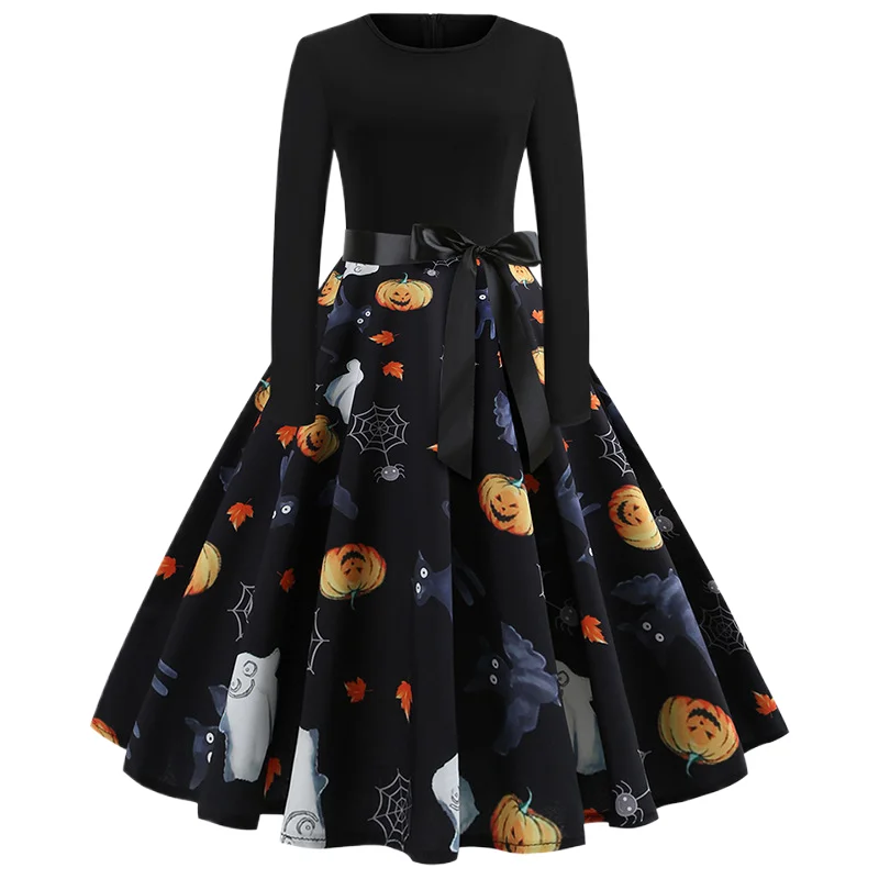 

Halloween Dress Round Neck Long Sleeve Lace Up A Line Dresses Retro Cartoon Print Lady Long Skirt Autumn Women's Clothing