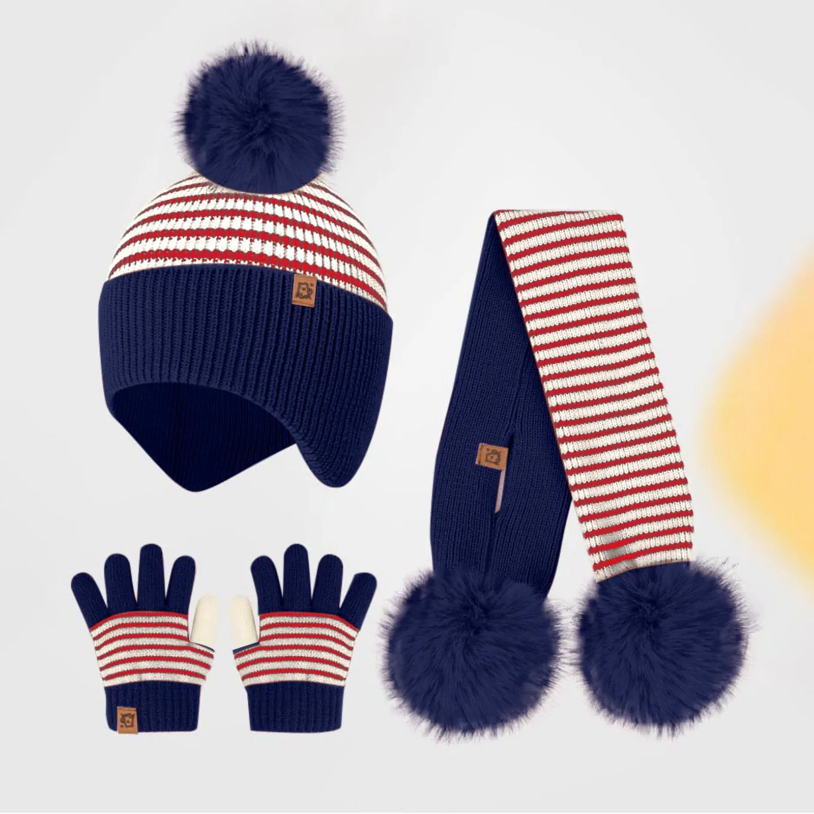 

Cute Fur Pompom 2-8Years Boys Girls Kids Winter Warm Set Striped Knitted Set 3pcs Children Winter Beanies Scarf Gloves 2024