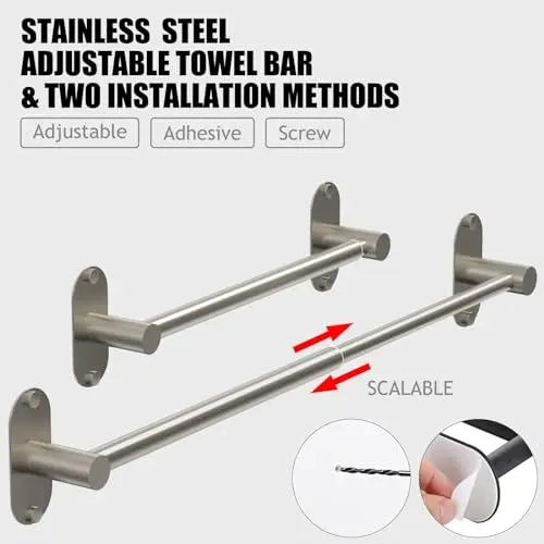 

Stainless Steel Adjustable Towel Bar 14.4–25.2 Inch, Brushed Finish, Dual Mounting: Adhesive Or Screw, For Bathroom And Kitchen