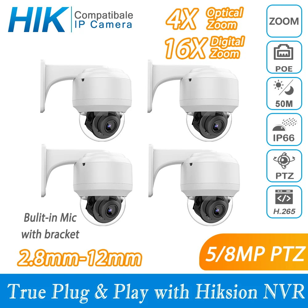 

Hikvision Compatible 4K 5MP 8MP IP Camera 4X Zoom H.265 POE PTZ Built-in Mic With Bracket CCTV Outdoor Video Camera 4pcs