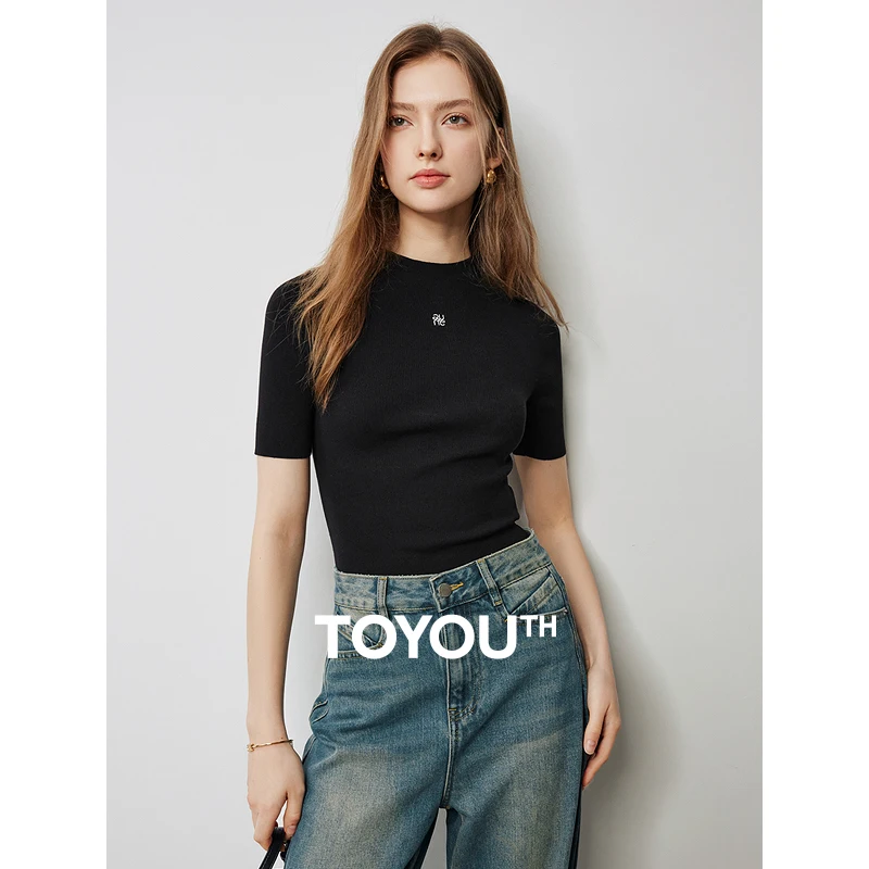 TOYOUTH Women Knitwear 2024 Autumn New Slim Fit Round Neck Pullover Black Tops