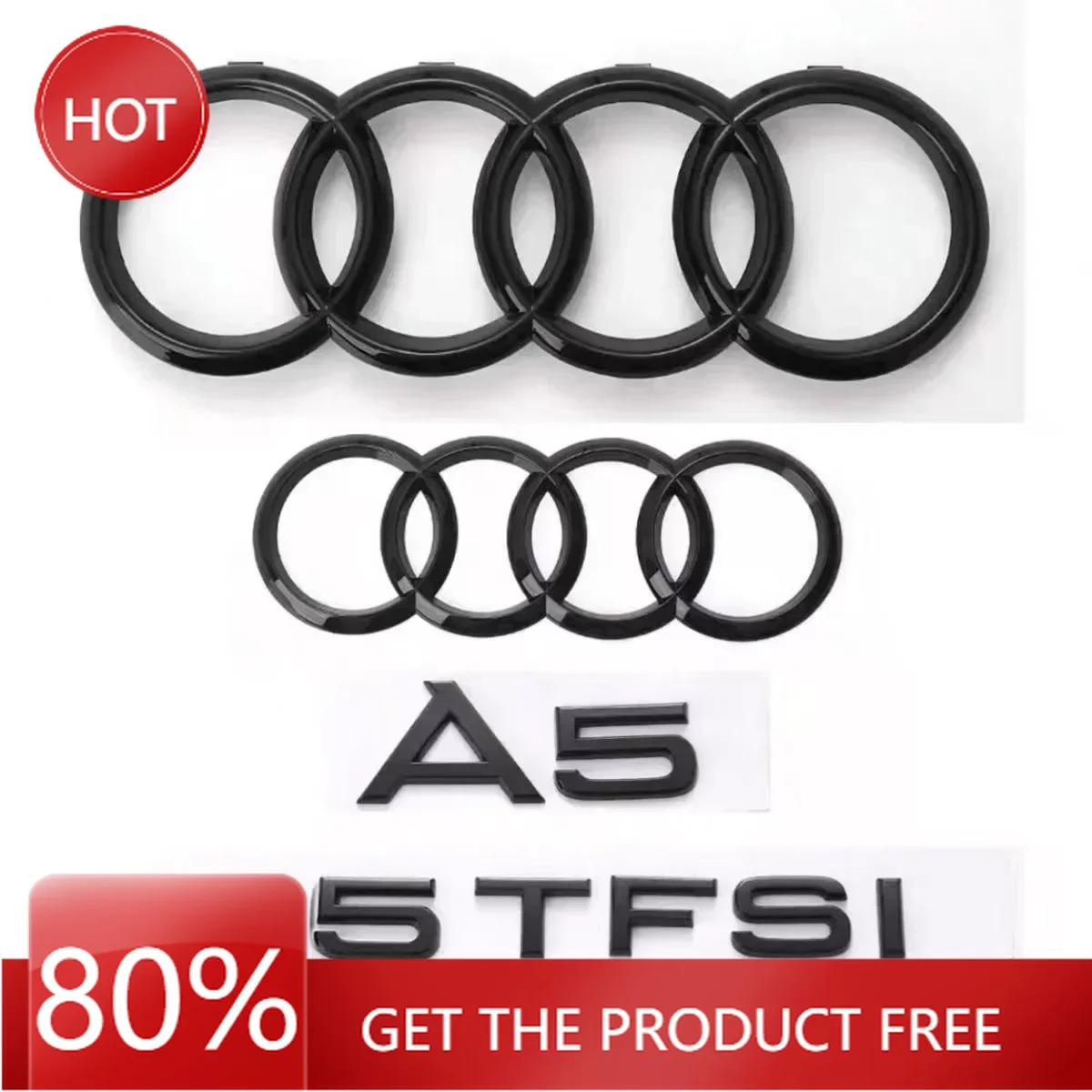 

2025 Audi A5 до 2019 г., 4-кольцевой логотип, ABS, черный автомобильный капот, передний капот, гриль, задний багажник, эмблема, наклейка A5, знак Quattro 45TFSI Embl