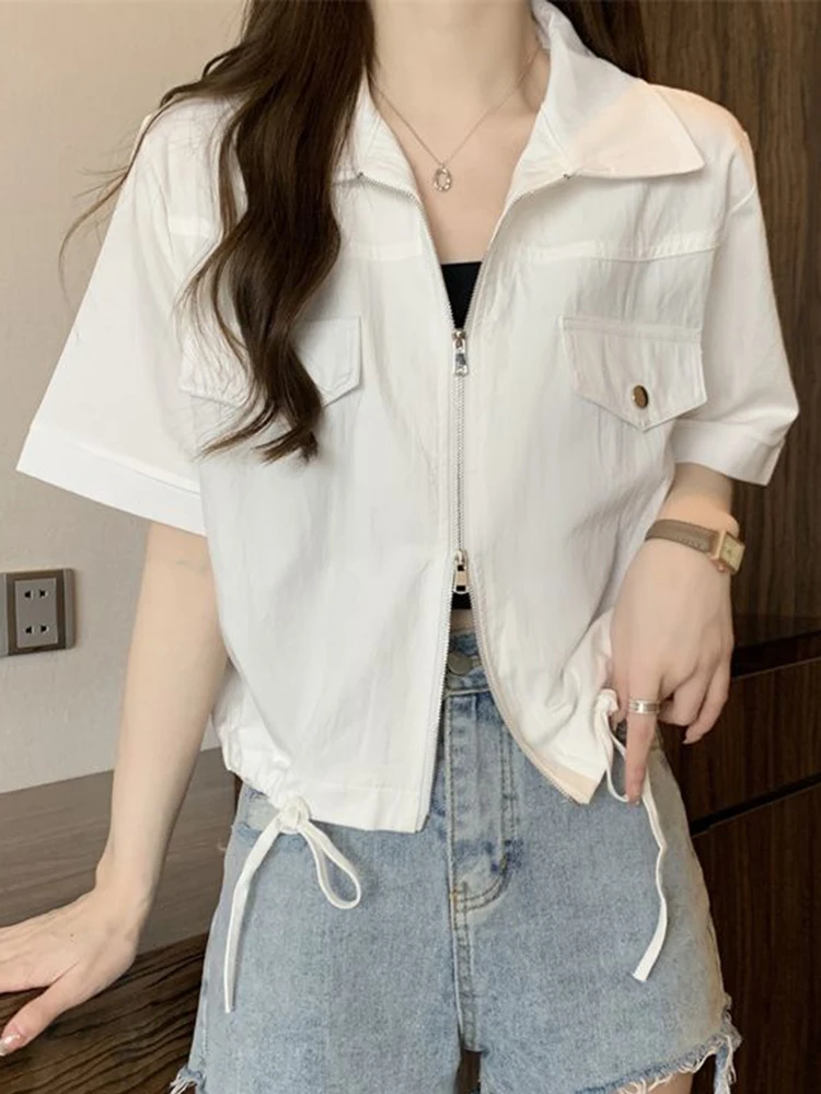 Short Sleeve Lady Solid Design Tops Jmprs Vintage Double Zipper Cargo Shirt Women Casual Preppy Style Loose Blouse Summer Simple