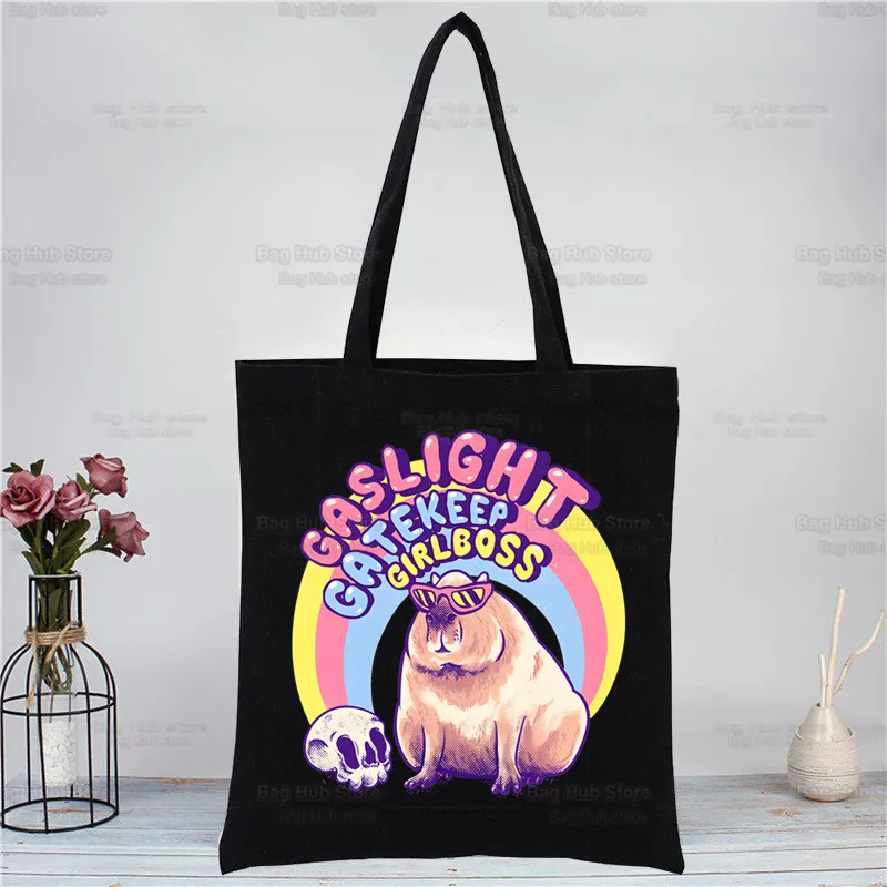 Capybara Funny Black Female Canvas Shoulder Bag Canvas Eco Animal OK I Pull Up Shopping Bag Canvas Tote Bag Casual HandBag