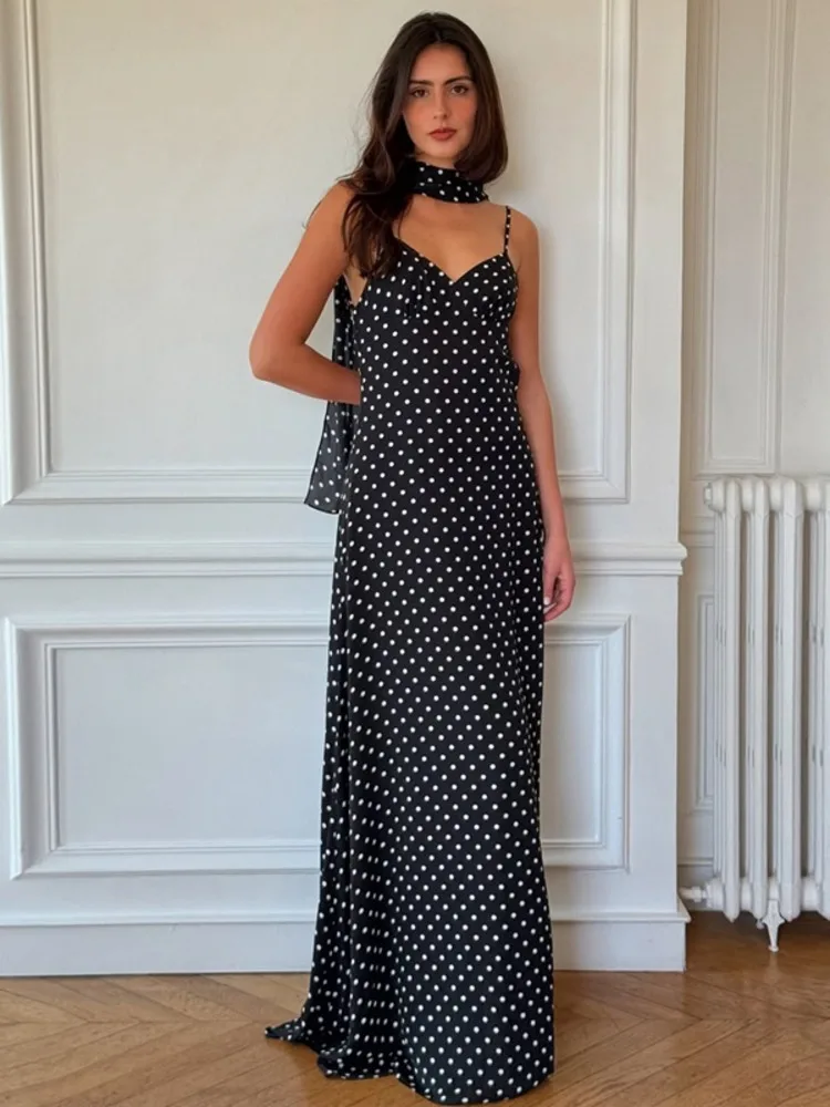 

Новое сексуальное платье макси в горошек с лямкой на шее, женское модное длинное платье трапециевидной формы без рукавов и открытой спины, элегантное