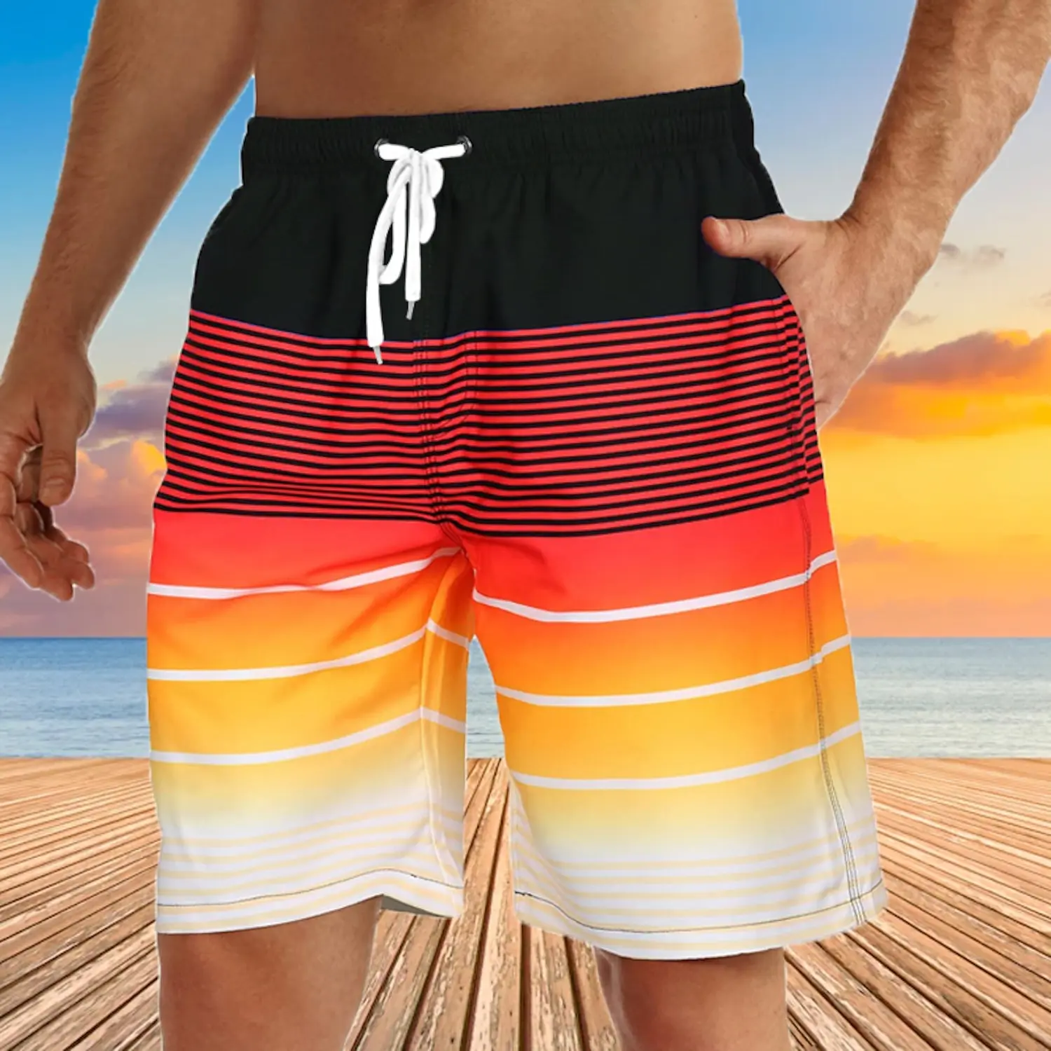 Summer Fashion Mens Swim Shorts Quick Dry Swim Trunks Coconut Tree Hawaiian Shorts Board Shorts Waterproof Beach Swimwear