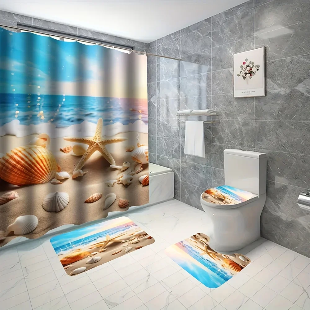 

Набор из 4-х пляжных задников, морских звезд, ракушек, западный домашний декор, принт, художественная вечеринка, занавеска для душа в ванной комнате с крючками