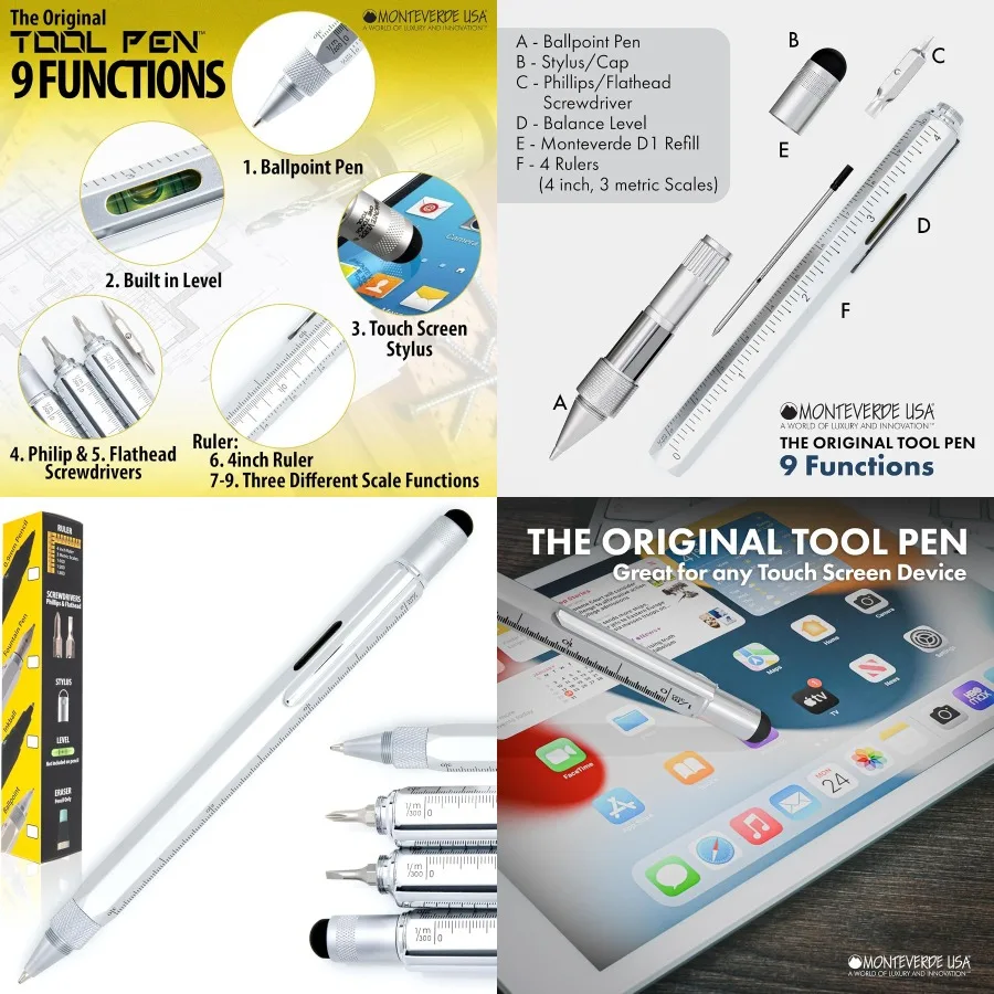 قلم حبر جاف Monteverde USA 9-in-1 باللون الفضي متعدد الوظائف مع مستوى مفكات براغي ومسطرة مثالية لـ DIY P #1