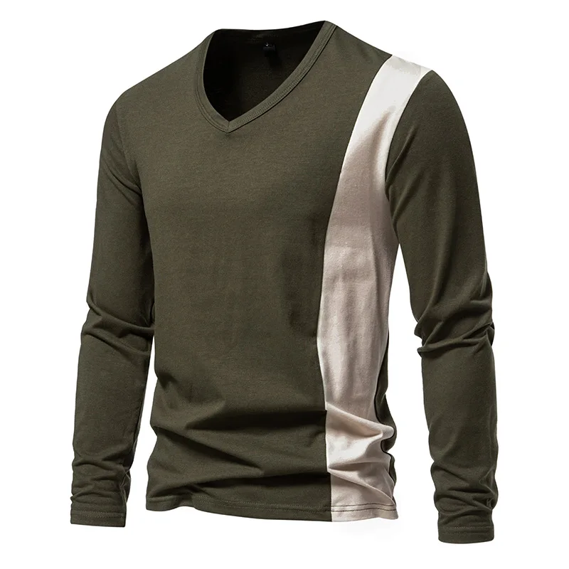 Vintage Army Green Cotton Long Sleeve T Shirt for Men Spring Autumn Casual Mens T-shirts High Quality V Neck Tshirt Camisetas