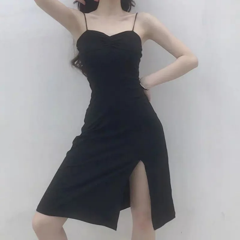 Folded Split Sexy Strap Dress for Women Summer New Collection Waist Mid length Look Thin Small Black Dress for Women