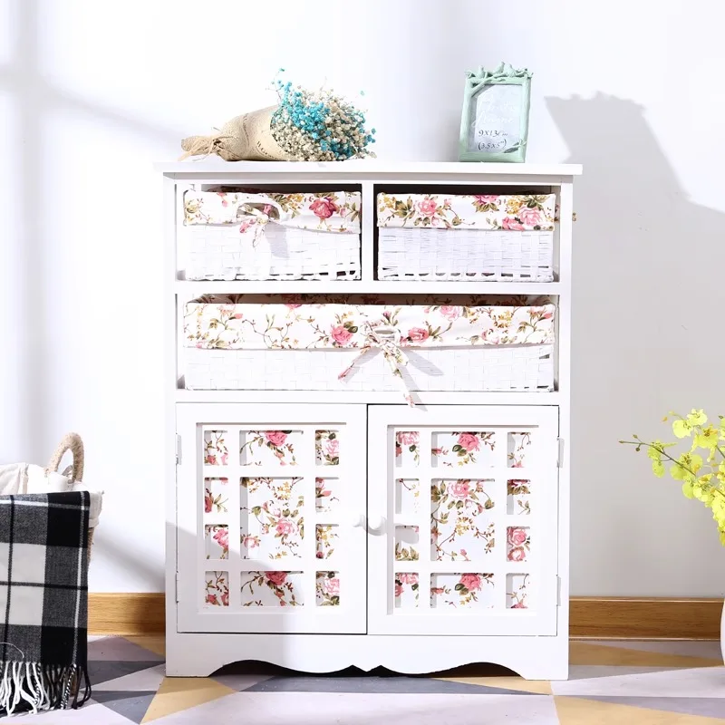 

Bedroom solid wood bedside table pastoral e****my storage chest cabinet simple Nordic bedside storage cabinet white small apartm