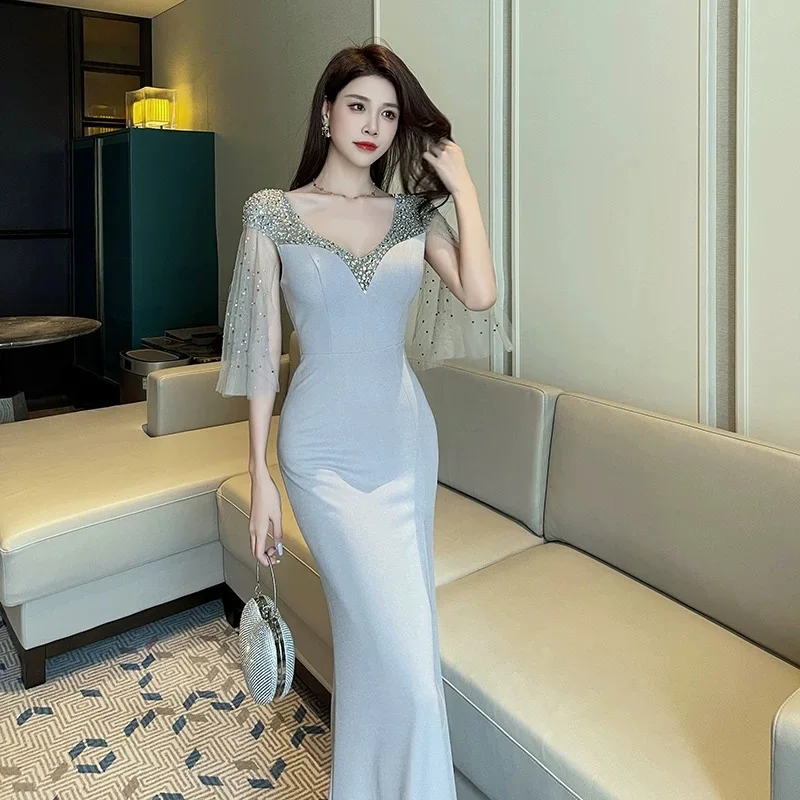 

New 41th evening dress for women's banquet, temperament, niche, high-end atmosphere, high-end slit skirt