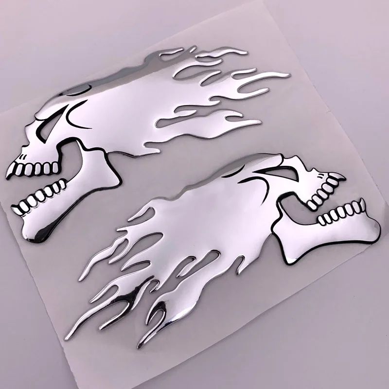 2Pcs/Pair Halloween 3D Silver Chrome Ghost Skull Head Auto Motorcycle Car Sticker Car Styling Decoration Emblem Decals Stickers