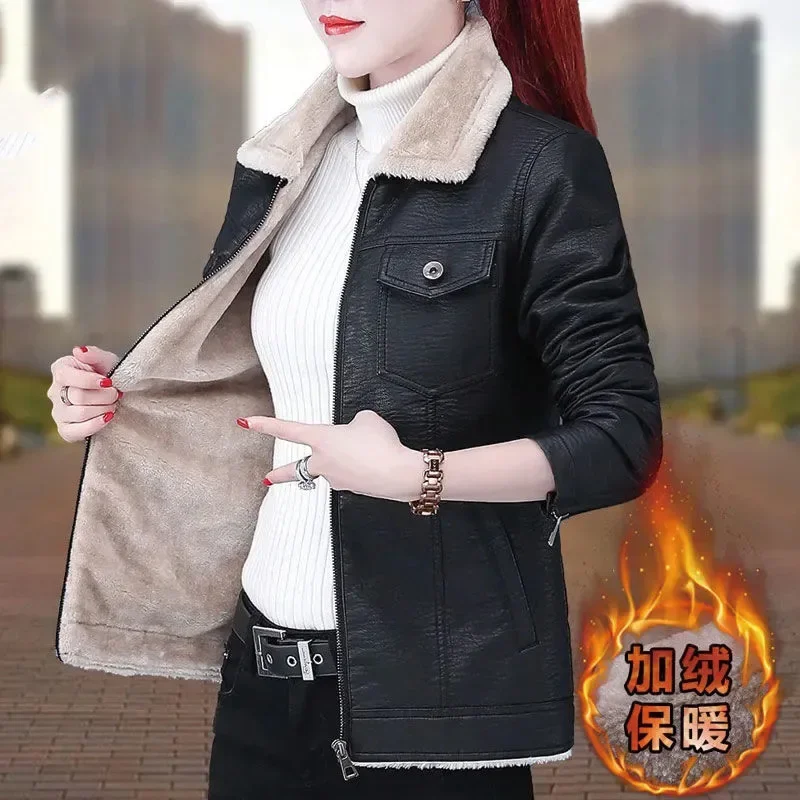 High Quality Short Women's Leather Coat Autumn Winter PU Leather Jacket Add Fleece Thickened Casual Outerwear Motorcycle Female