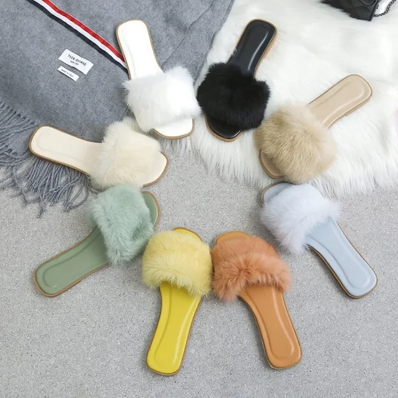 New Flat Slippers One Line Casual Women's Shoes Fluffy Shoes Slippers Comfortable Women's Open Toe Slippers Zapatos Mujer