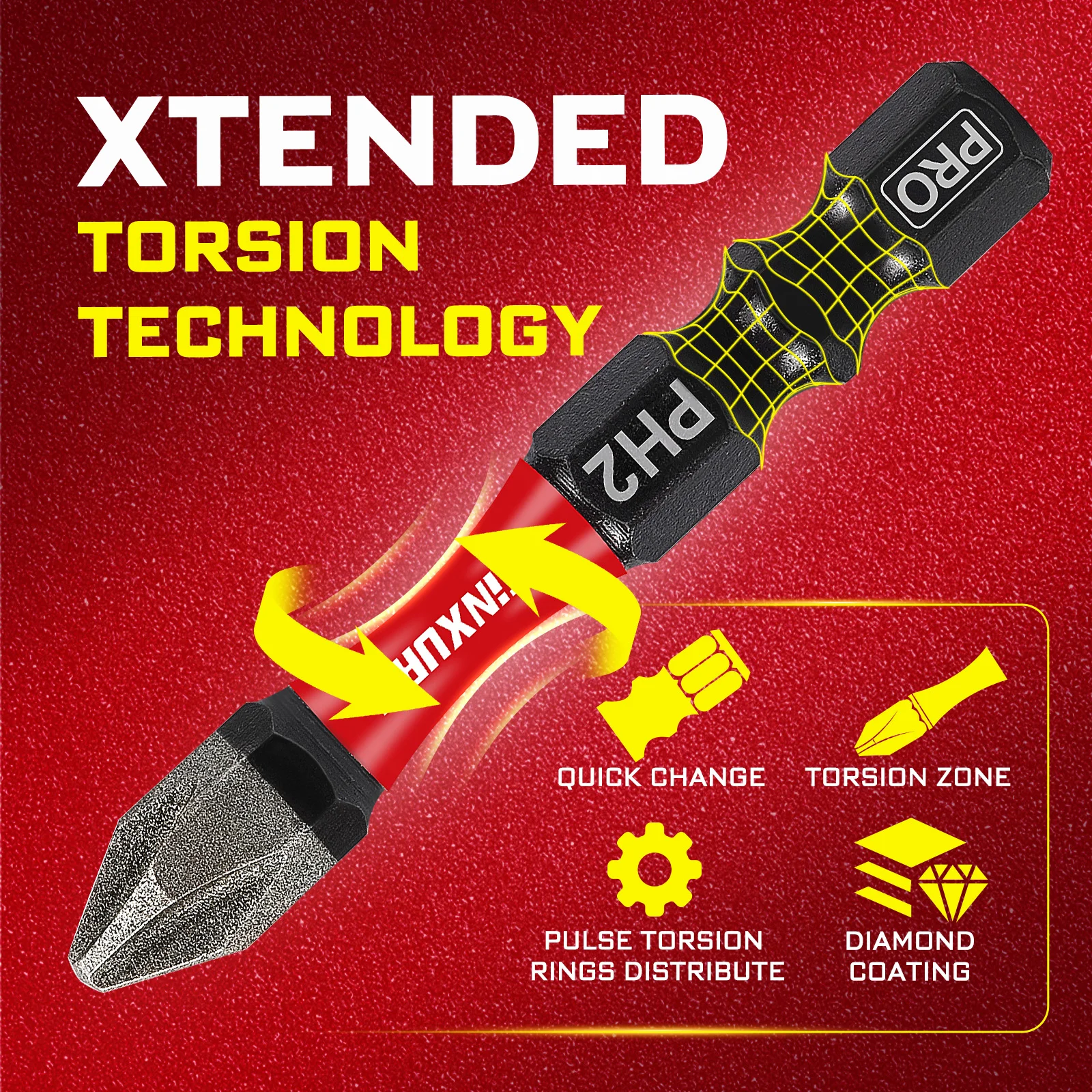 Geinxurn conjunto de bits de chave de fenda de impacto revestida de diamante de vários tamanhos, conjunto de bits ph2 de aço s2 magnético com 1 peça de chave de fenda holer