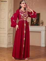 Siskakia  Muslim Stylish Embroidery Dresses Women's Jalabiya Ramadan O-Neck With Sashes Abaya Moroccan Saudi Long Sleeves Kebaya