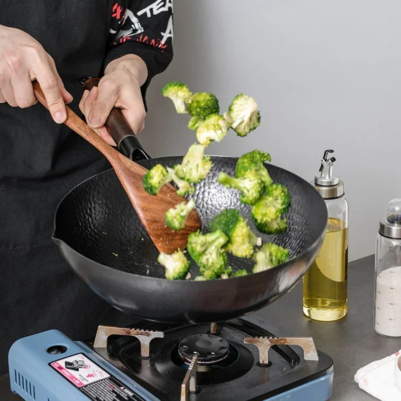 Sartén Wok de acero al carbono de 32cm, juego de Wok para freír con tapa de madera, sartén de fondo plano antiadherente para inducción eléctrica y estufa de Gas