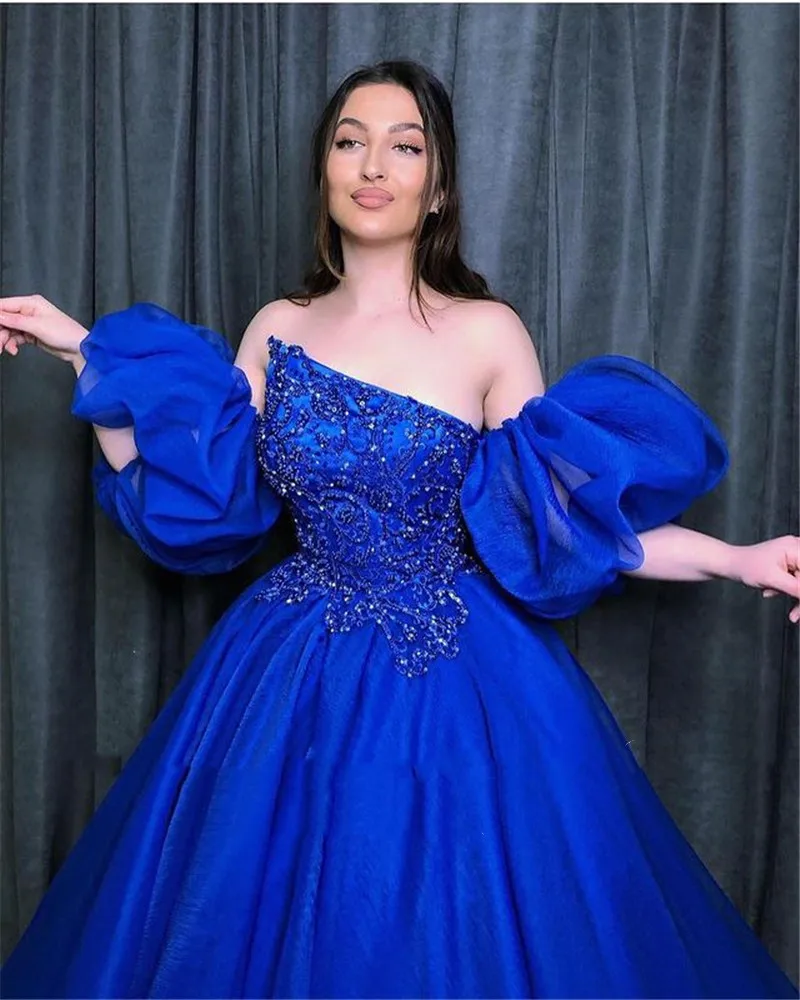 Vestido De 15 Anos Quinceanera Dresses 2024 Short Puffy Sleeves Robes De Soirée Beaded Applique Royal Blue Long Prom Party Gowns