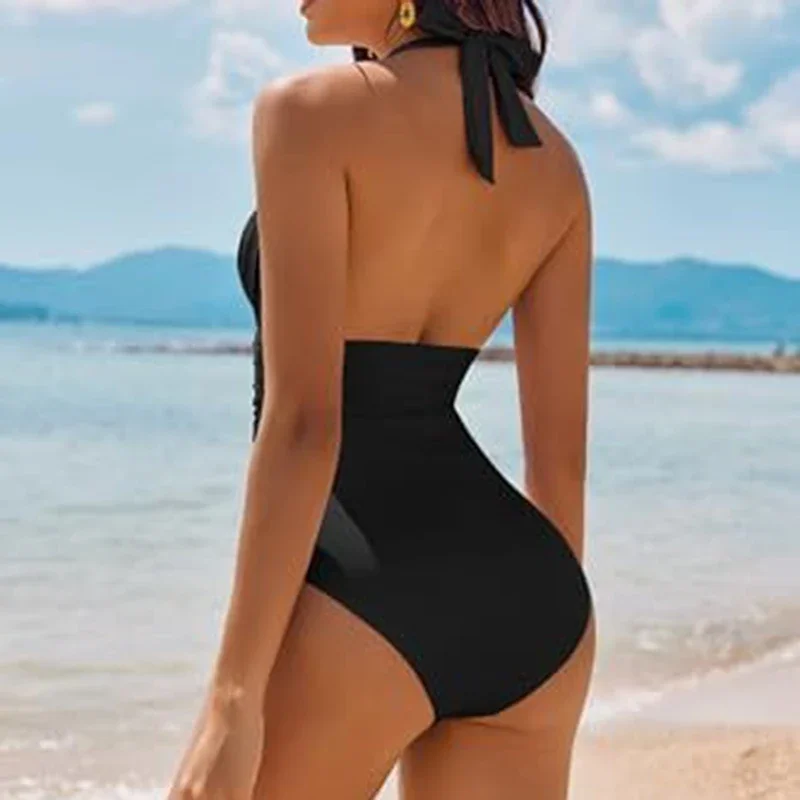 Simple Halter Bikini Women Sexy Backless V Neck Lace Up High Waist One Piece Swimsuit 2025 New Elegant Temperament Bathing Suit