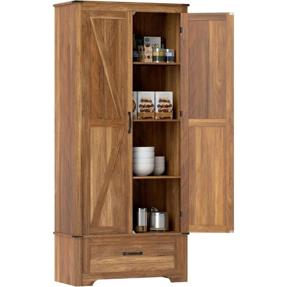 

72 High Farmhouse Kitchen Utensil Cabinet - Kitchen Storage Cabinet with Adjustable Shelves and 2 Barn Doors and Drawers