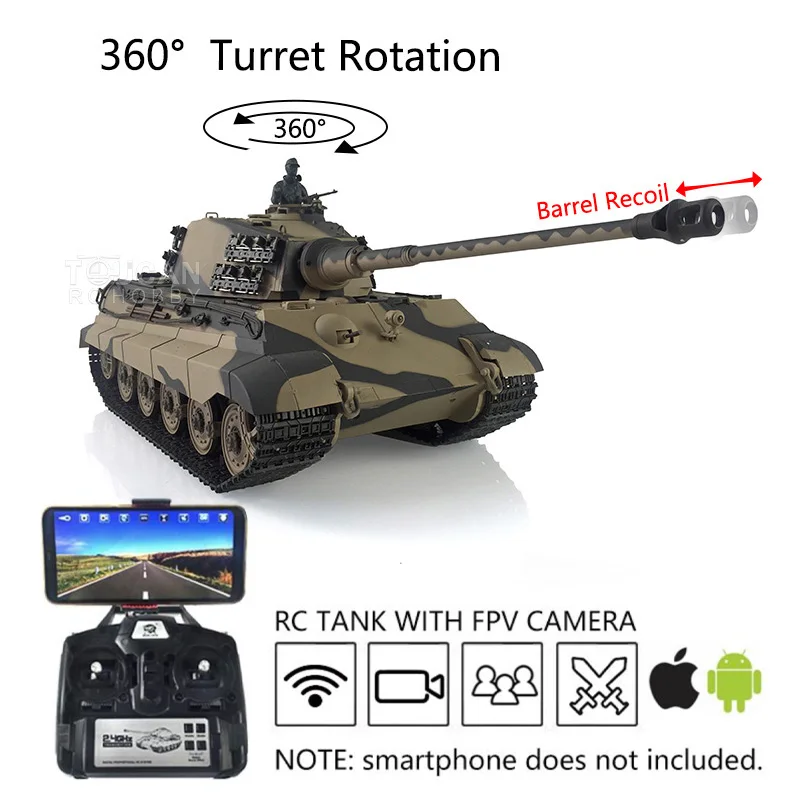 Henglong 1/16 7.0 King Tiger RTR RC Tank 3888A FPV 360 Turret Rotation Barrel Recoil Smoke Effect BBs Airsoft TH19738-SMT7