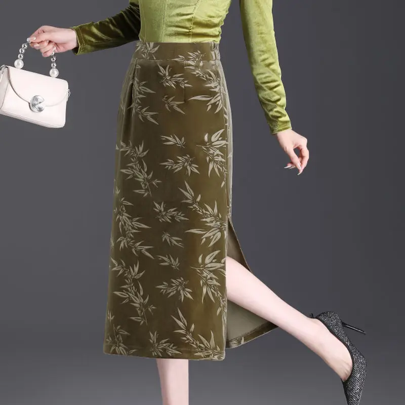 Falda de hilo dental con estampado de temperatura para mujer Falda midi con cintura elástica y doble bolsillo con abertura lateral