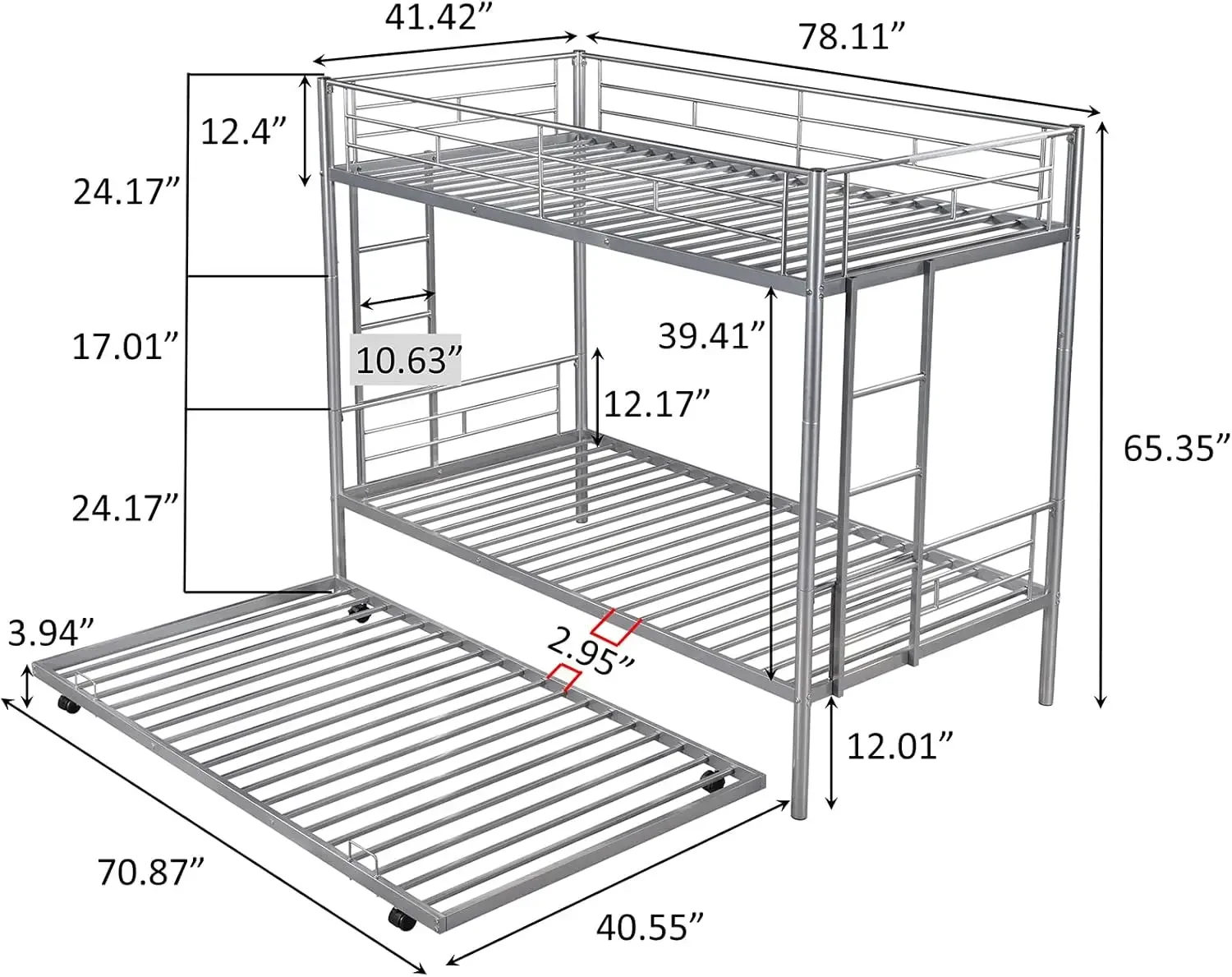 Twin Over Metal Bunk Bed with Trundle Heavy Duty Size Beds Frame 2 Side Ladders Convertible Bunkbed Safety Guard Rails,