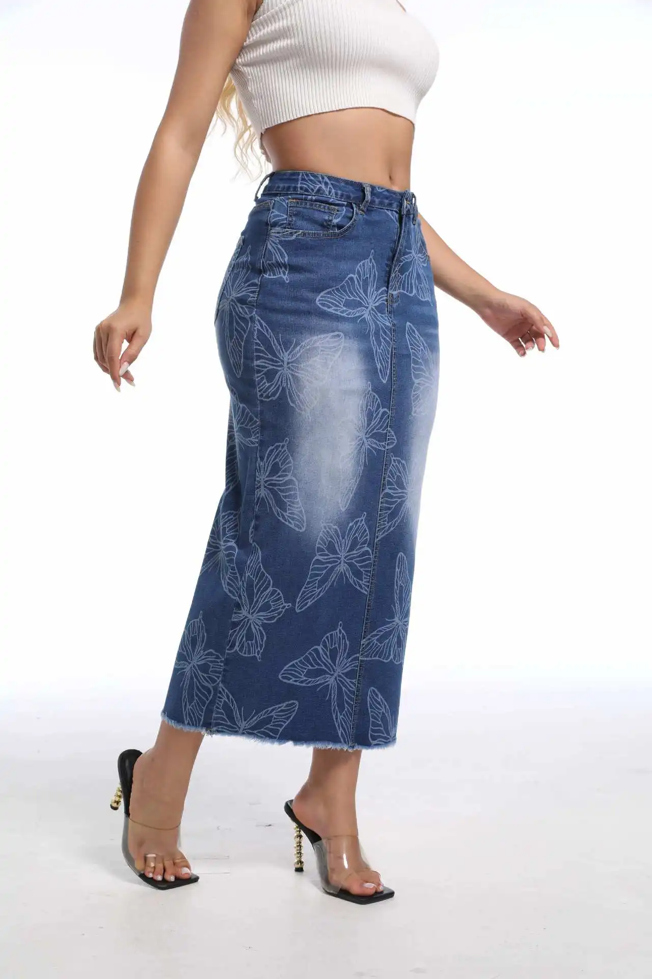 플로럴 프린트 미디 데님 스커트 여성 의류 플러스 사이즈 봄 여름 신상 캐주얼 하이웨이스트 청치마