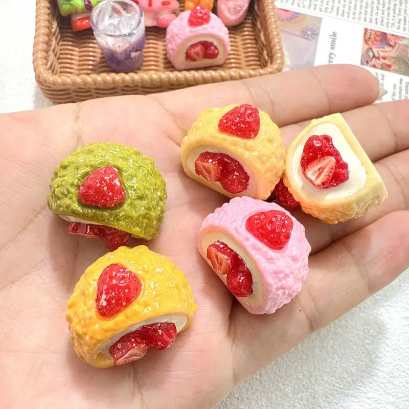 Mini Strawberry Cream Cake 4Pcs Dollhouse Ornaments Realistic Tiny Food for DIY Craft Projects