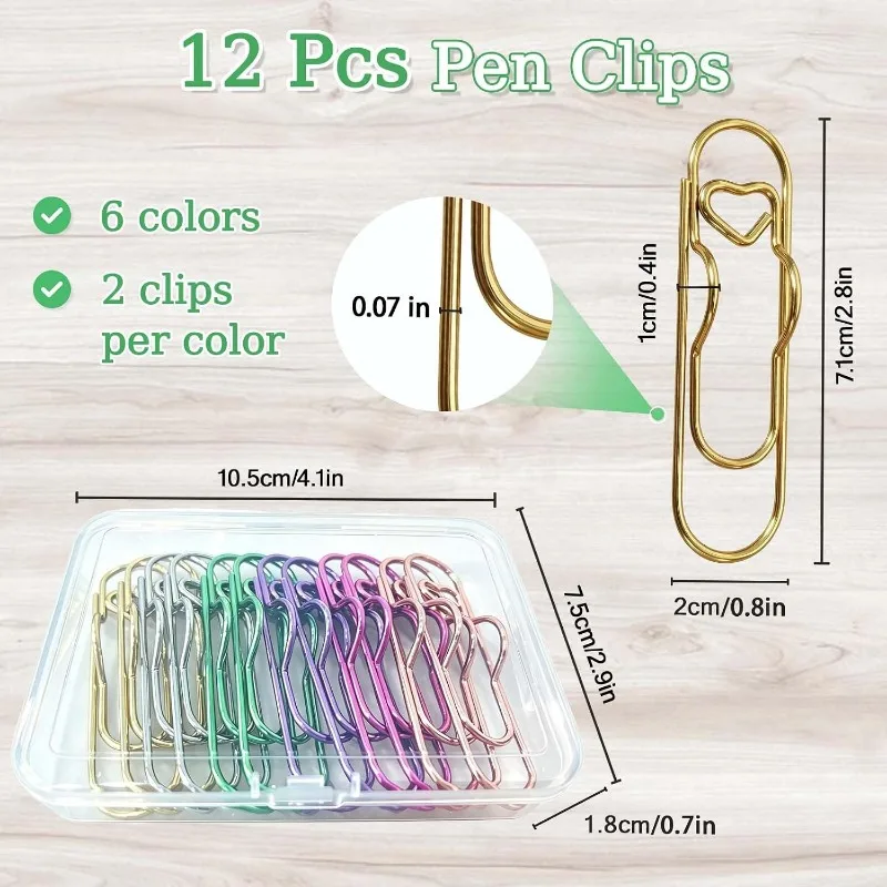 12 Pcs Colorful Heart Pens Clips for Journals with Storage Case