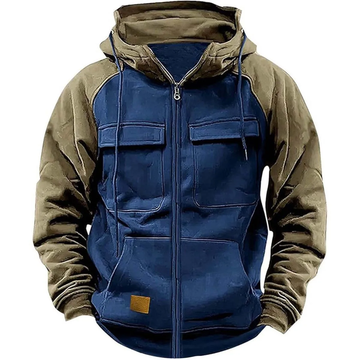 

Autumn Winter Hoodies Men Zipper Patchwork Warm Fleece Sweatshirts Multi Pockets Male Fashion Hooded Jacket Thick Outdoor Hoodie