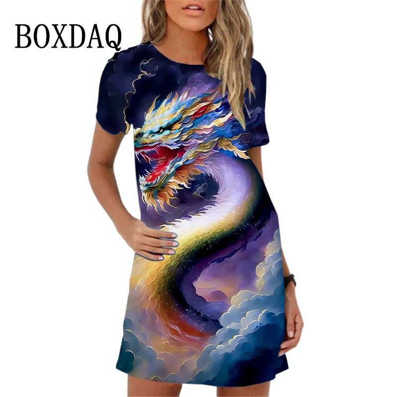 Summer Cute Cartoon Print Dress Oversize Short Sleeve O-Neck Loose Mini Dress High Street Casual 3D Dragon Pattern Women Dresses