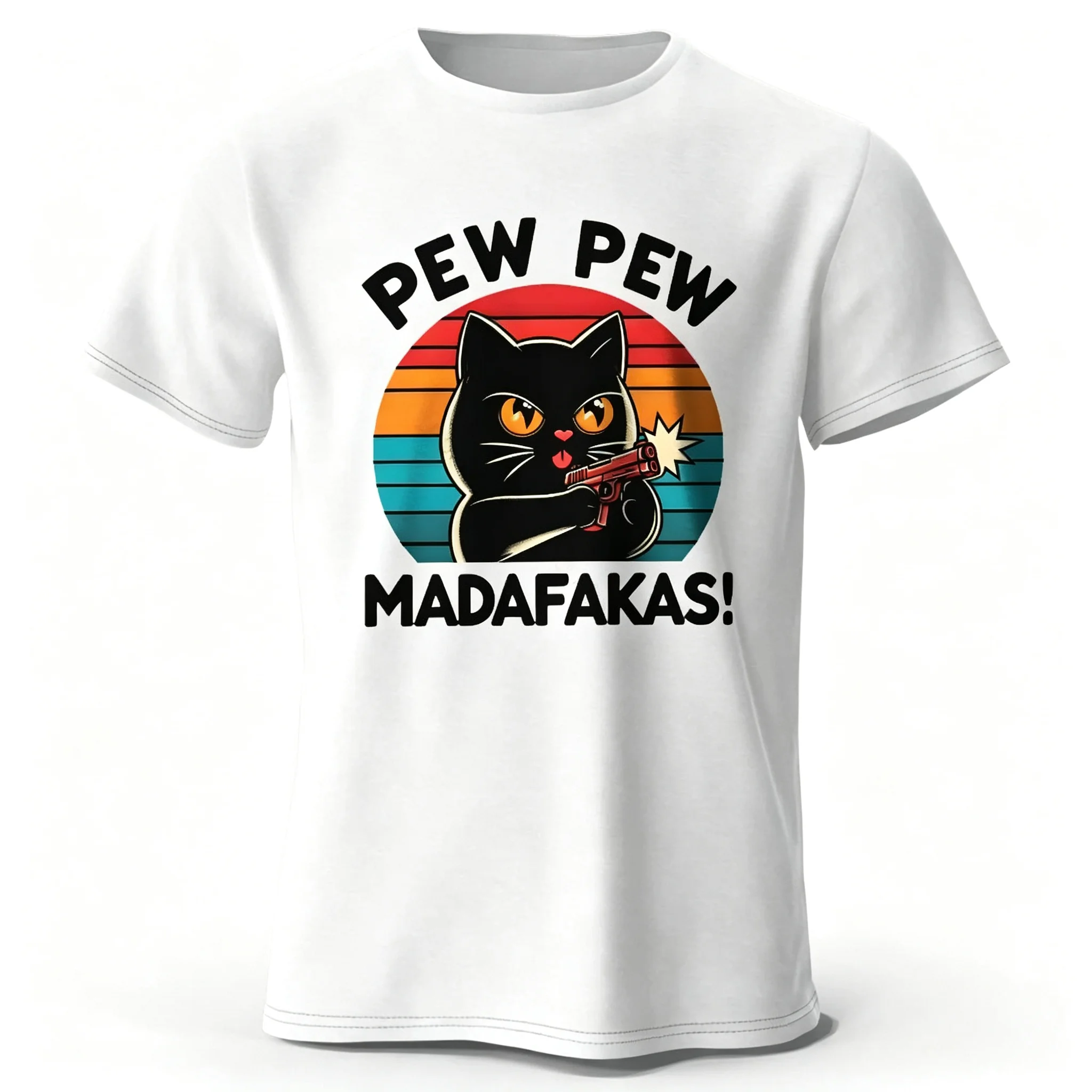 Cute Hand-Drawn Cat Doodle Print  Cotton T-Shirt Soft Round Neck Short Sleeve Tee for Men & Women