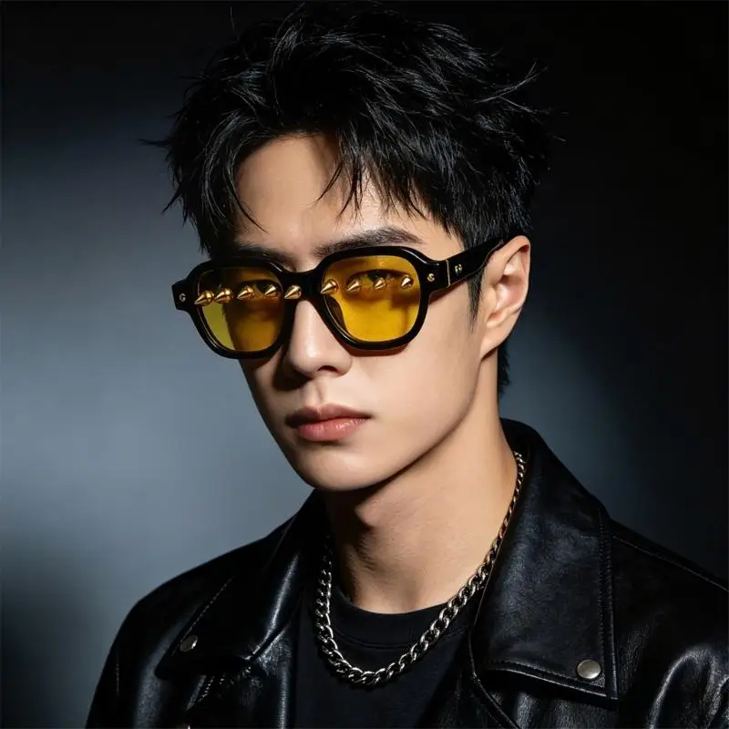 A52E Square Frame Sunglasses with Studded Rivets Detail for Party Outfit Styling
