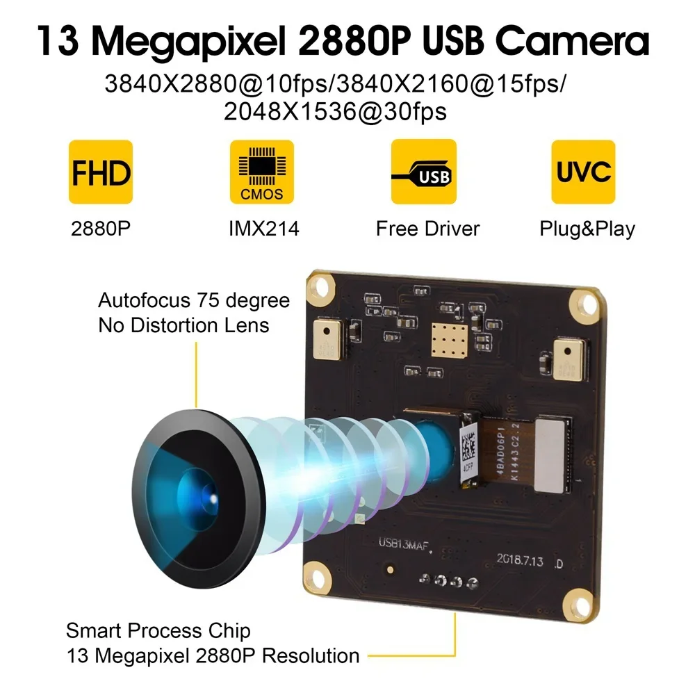 ELP 13MP Autofocus USB Camera Module No Distortion Mini USB Webcam with Microphones for Video Conference, Robot Project, ATM