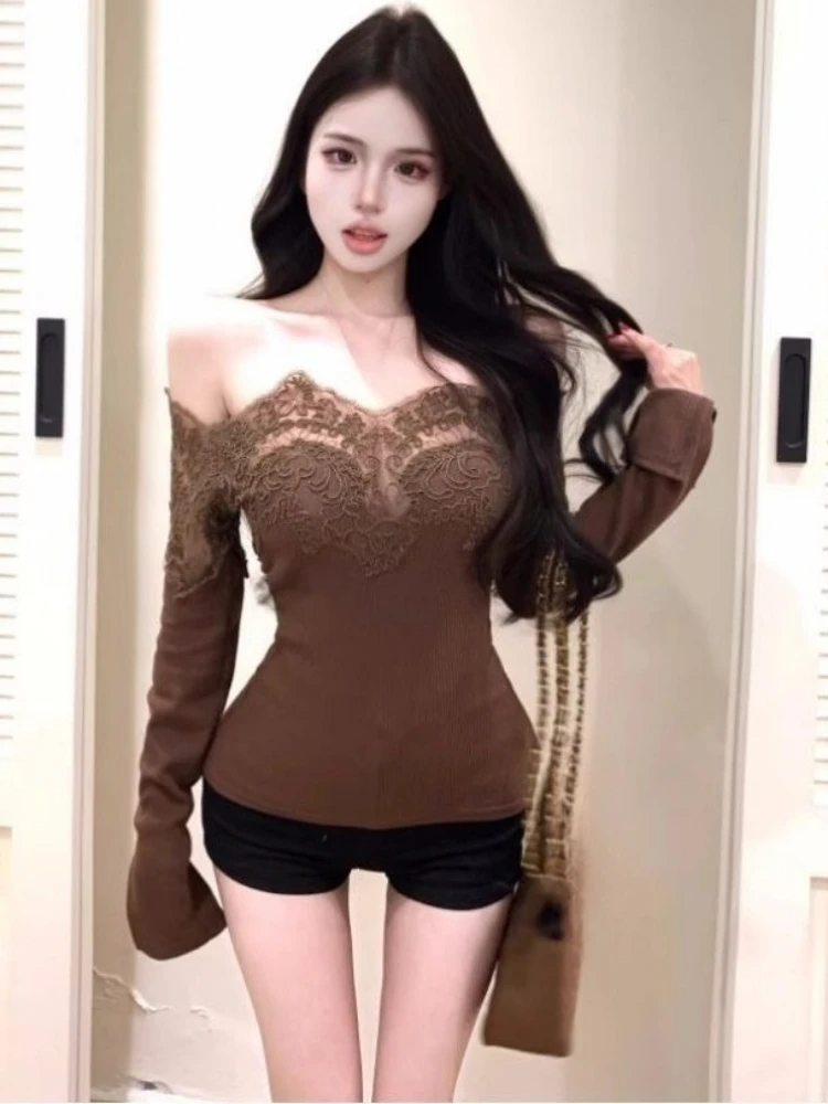 

Y2k Aesthetic Sexy Lace Patchwork Tops 2025 Streetwear Autumn Slash Neck Tshirts Women Grunge Harajuku Flare Sleeve Bodycon Tees