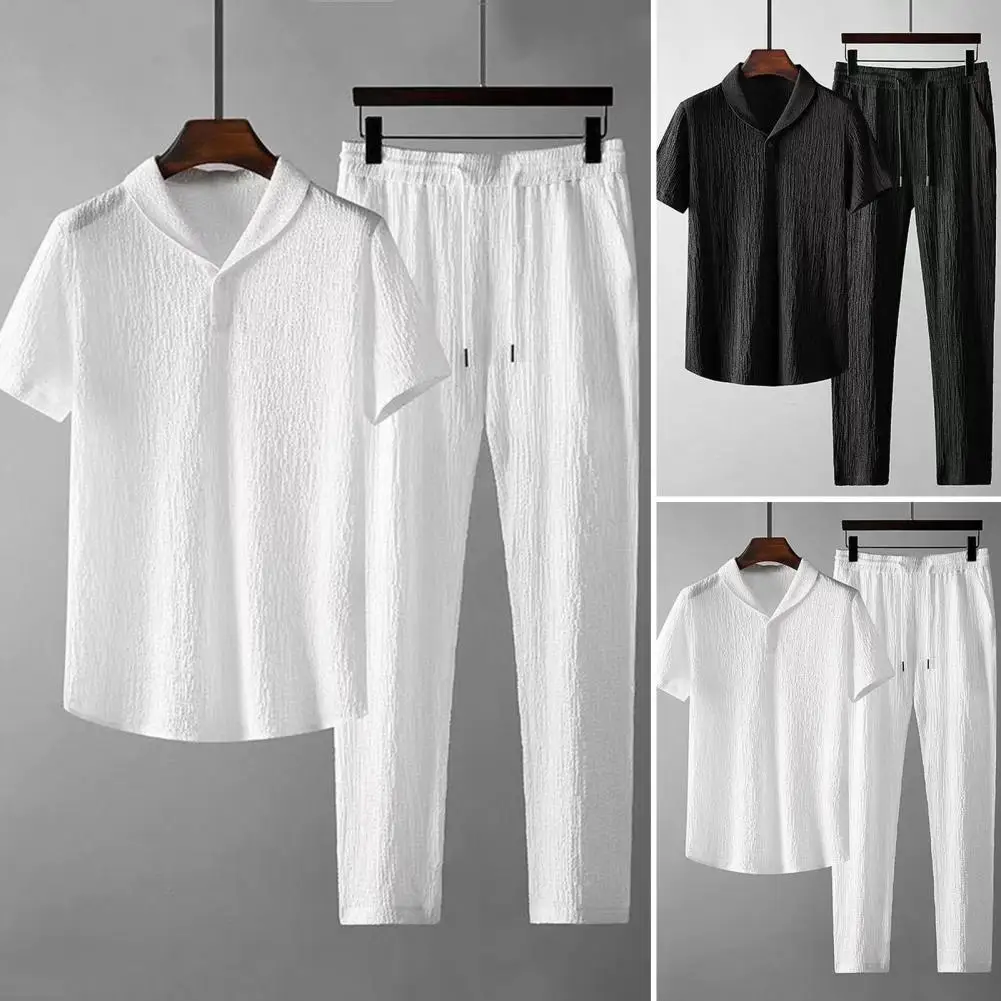 2Pcs/Set Summer Men's Suit Elastic Waistband Pleated Casual Outfit Men Business Short Sleeve Shirts Long Pants Set Male Clothing