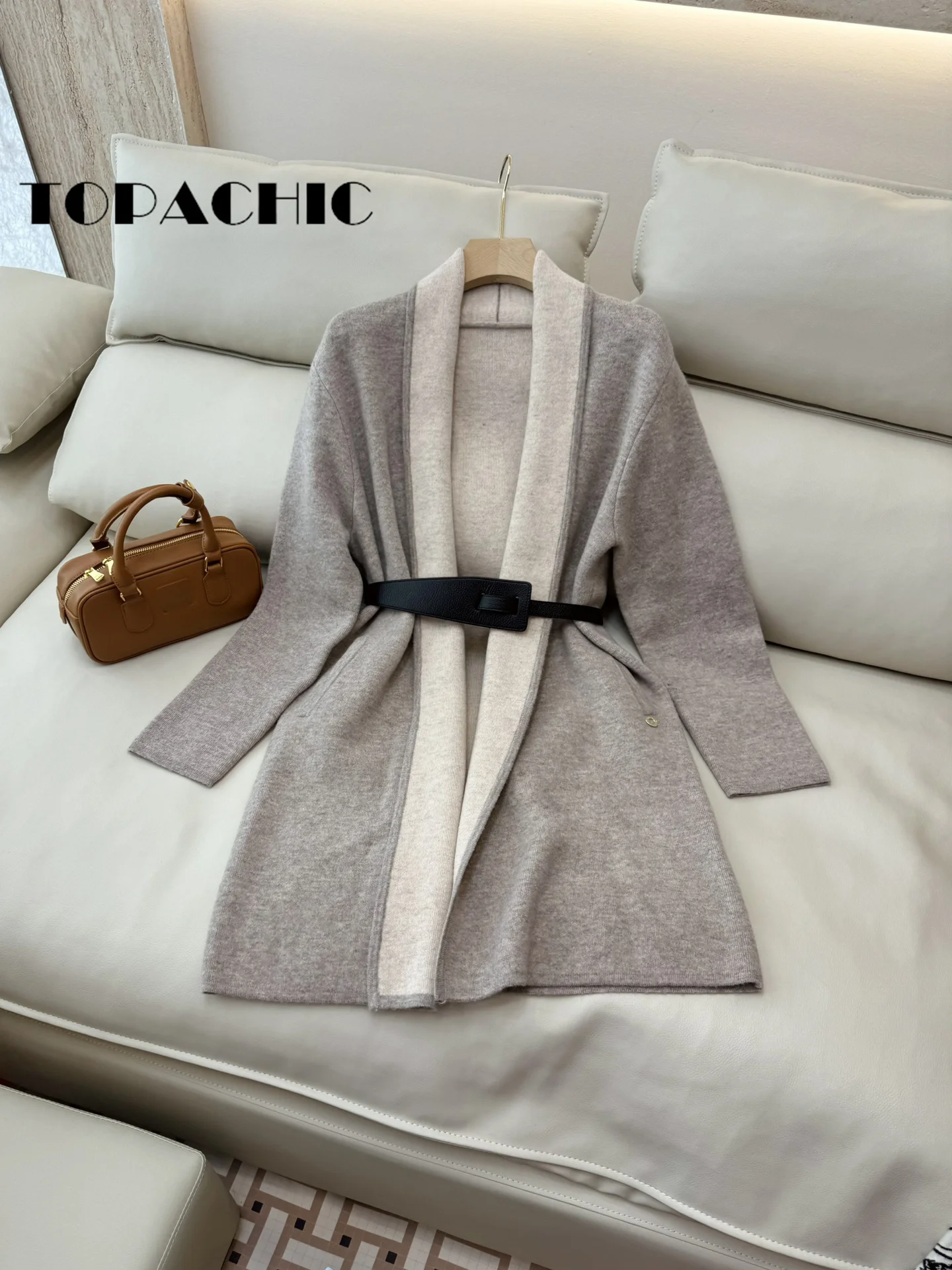 9.4 TOPACHIC Women\'s Elegant Double-Suede Spliced Color Lapel Wool Knit Cardigan Leather Sashed Collect Waist Long Knit Coat