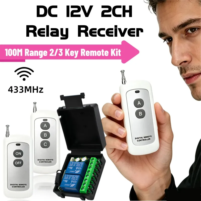 2CH DC12V 433MHz RF Wireless Remote Relay Switch Receiver Kit 100M Distance 2/3‑Key Remote For Electric Motor Garage Door Light