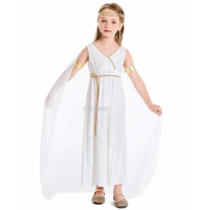 

Kids Roman Grecian Athena Cosplay Costume Child Ancient Greek Goddess White Court Shawl Long Dresses Carnival Party Fancy Dress