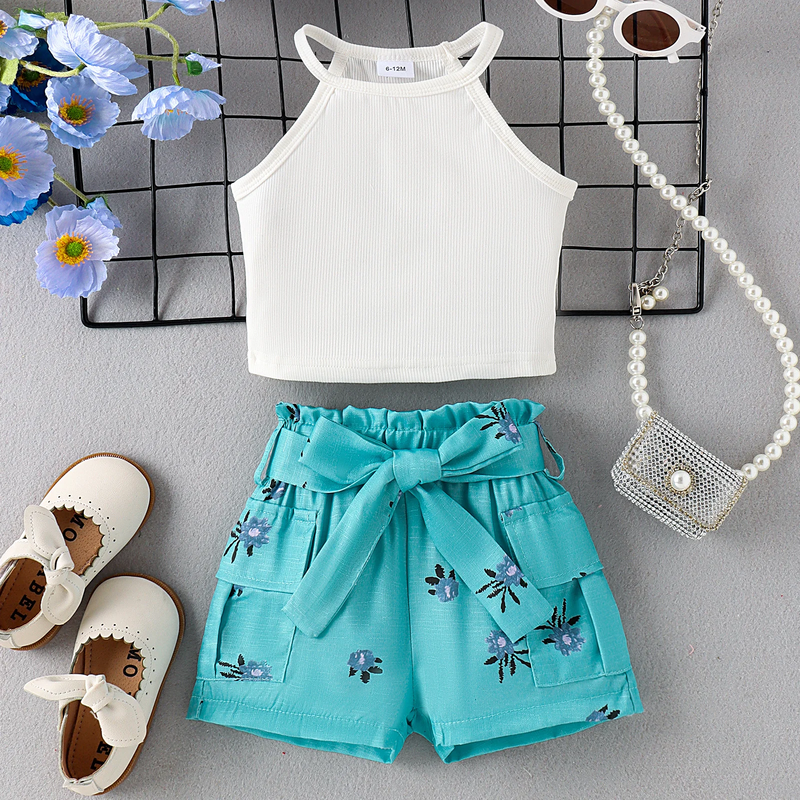 2PCS Summer Baby Girls 0-4 Years Old Soft And Comfortable Simple White Striped Top + Blue Printed Shorts