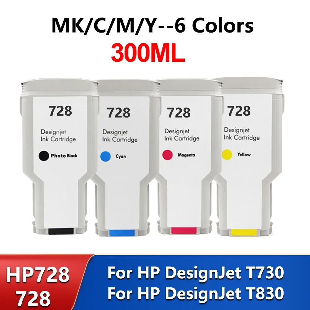 300ML 728XL 728 Compatible Cartridge With Full Ink For HP DesignJet T730 T830 Printer With Chip 4 Colors Vivid Color