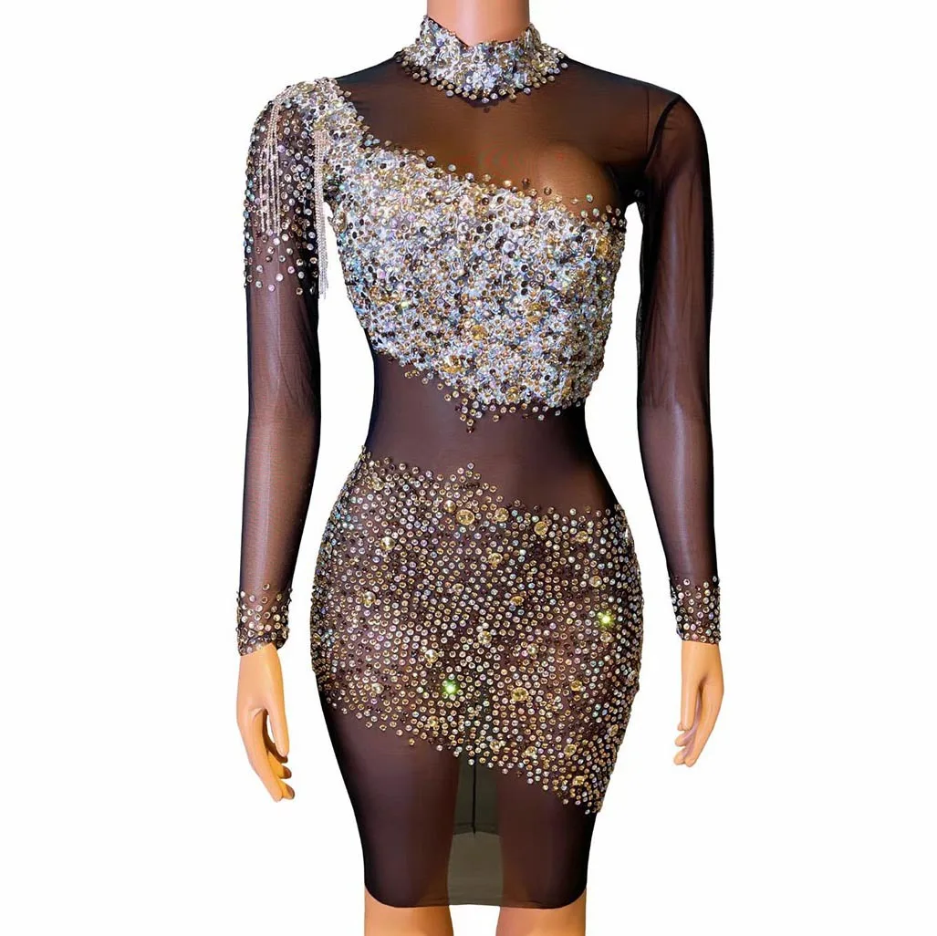 Diamond Birthday Dress Elegant Sparkle Diamond Mesh Ball Dress High Neck Knee Ladies Vestidos De Graduación Vestidos De Flamenca