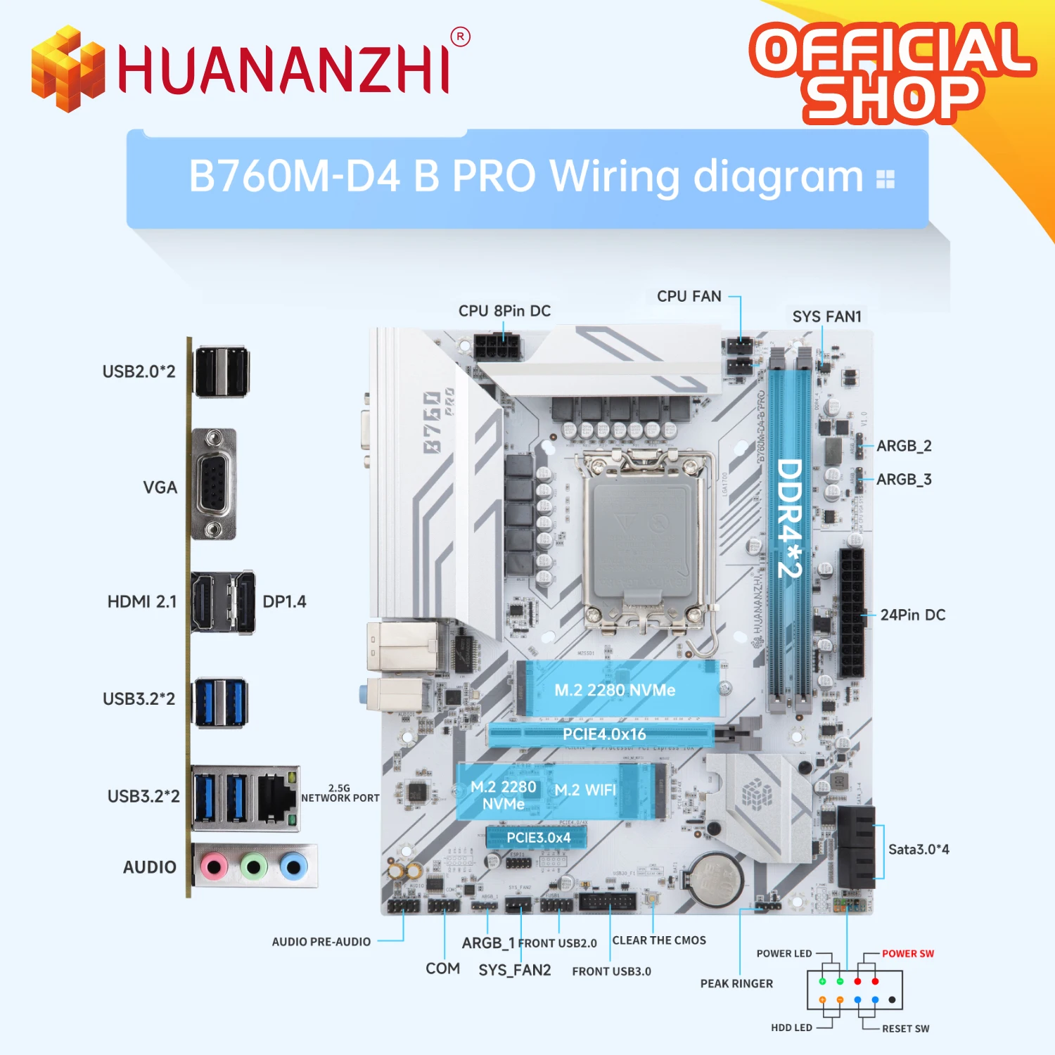 HUANANZHI B760M-D4-B PRO  Motherboard DDR4 LGA 1700 Support Intel Core I3 i5 i7 12th 13th 14th Processor  5V ARGB