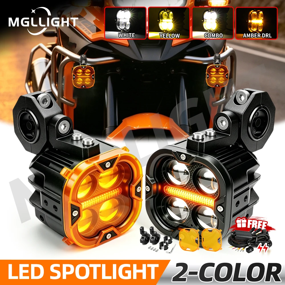 UNISHINE 3-Zoll-LED-Motorrad-Nebelscheinwerfer mit 4 Linsen, weiß-gelbem Kombinationsstrahl, zusätzlicher gelber Abdeckung für Motorrad-Zusatzleuchte im Gelände.