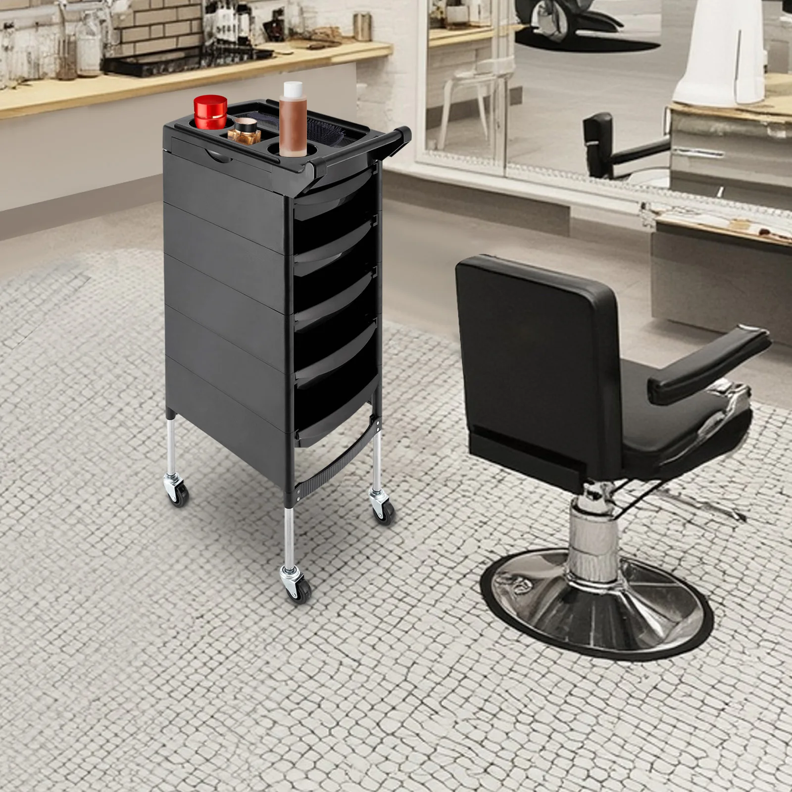 

Salon Trolley with Handle and Rolling Wheels, 5 Drawers and 2 Hair Dryer Holder Side Tray for Beauty Salons, Barber Stores