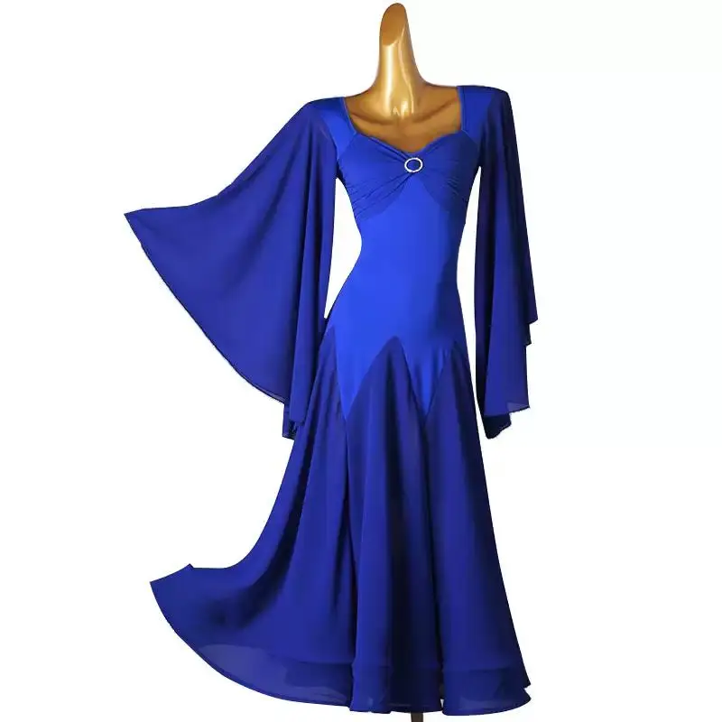 

Blue Ballroom Long Chiffon Dress Dance Competition Dresses Standard Tango Waltz Modern Costume Women Senior Customize Clothing
